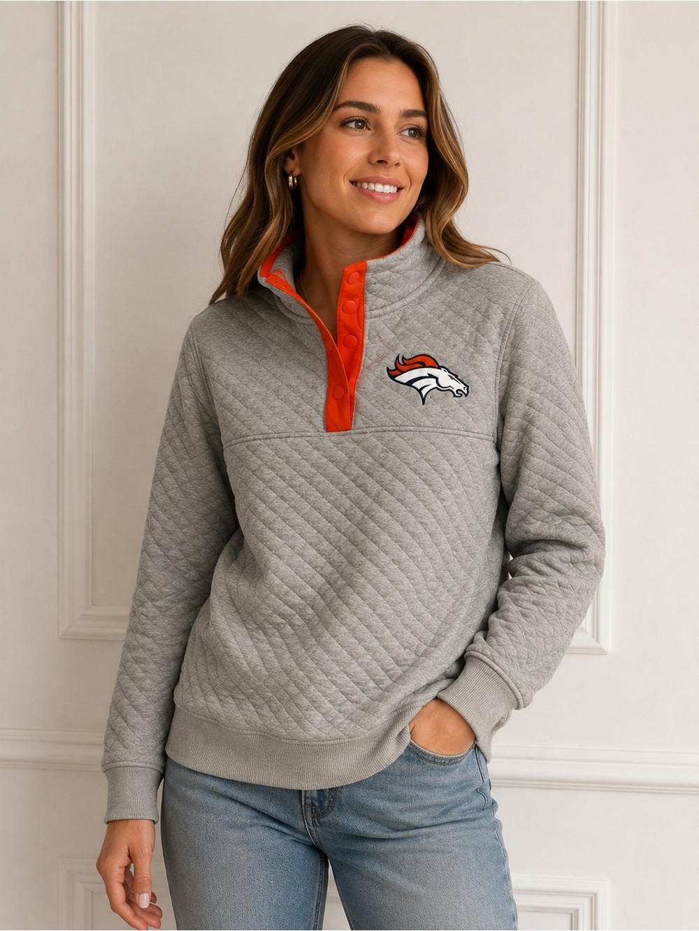 Denver Broncos Quilted Pullover Sweatshirt Gray Orange Snap Mock Neck large